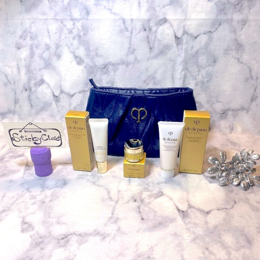 Cle de Peau Beaute Skincare Set-Navy Leather Pouch,Cleansing,SPF-4pc-BOXED-NEW